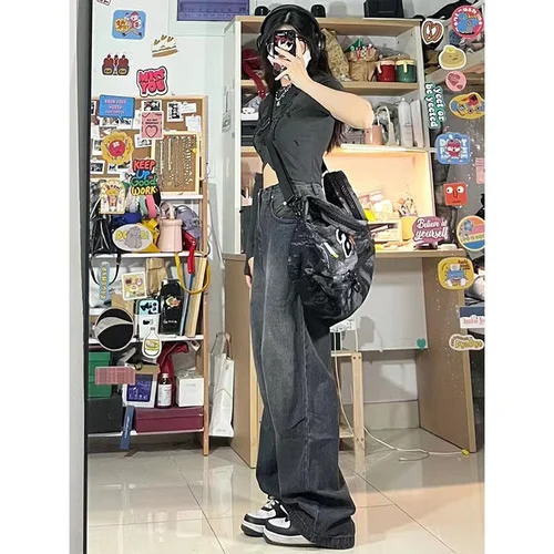 여성용 빈티지 스트리트웨어 블랙 헐렁한 한국 청바지, 하이 웨이스트 오버사이즈 와이드 레그 팬츠, 그런지 데님 바지, Y2K Alt 의류 2