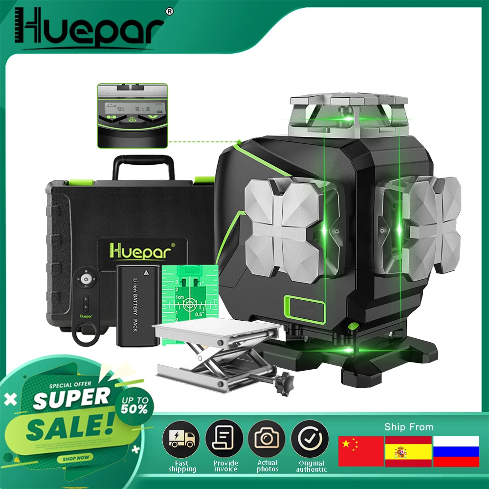 Huepar S04CG 16 lines 4D Cross Line Laser Level Bluetooth & Remote Control  Functions Green Beam Lines With Hard Carry Case