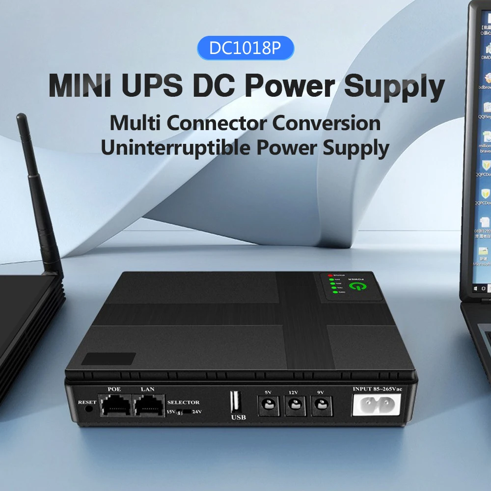 1018P DC UPS Battery Backup 5V 9V 12V 2A 15V 24V Output 10400mAh Uninterruptible Power Supply 85‑265V UPS Battery Backup EU Plug
