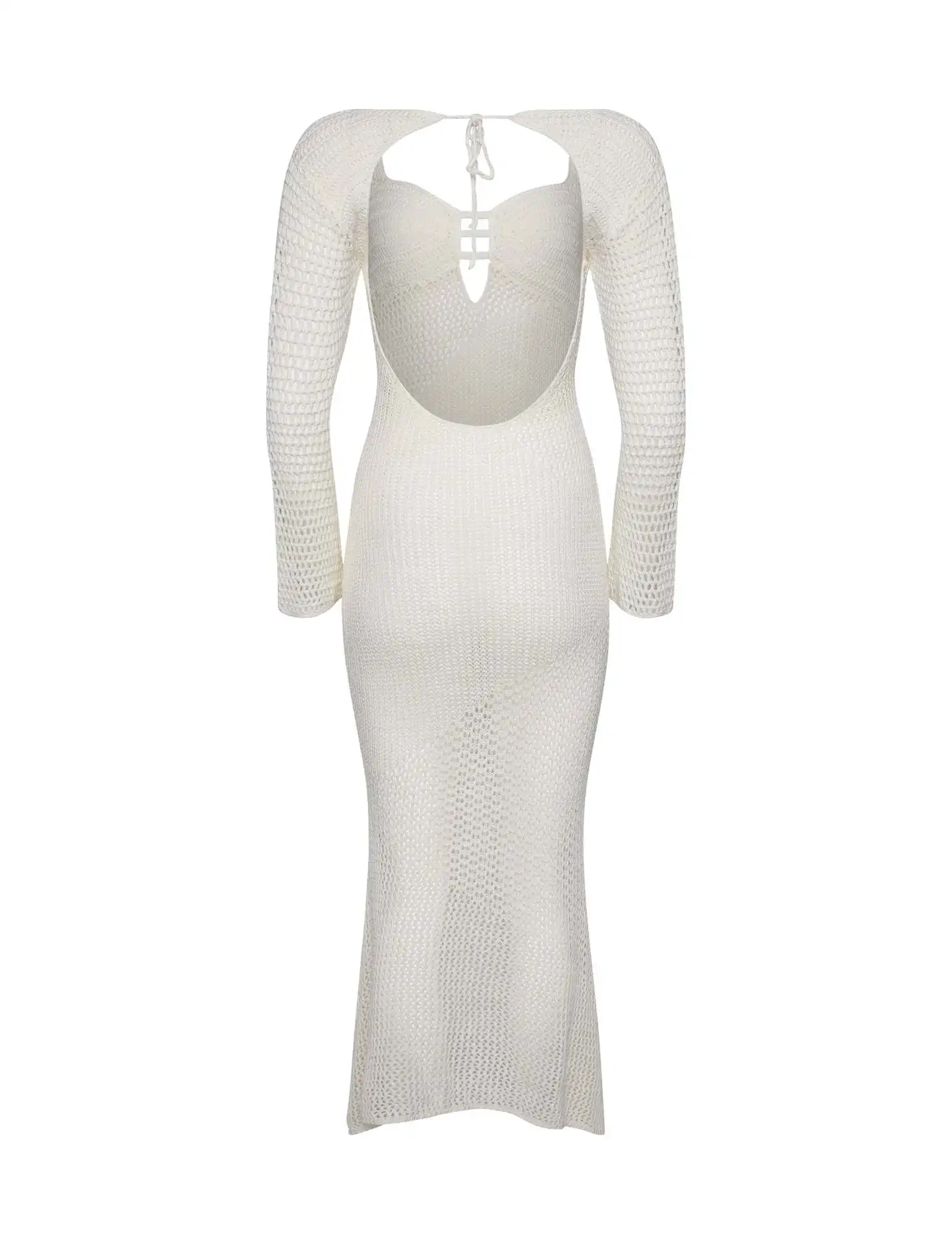 Hollow Out Knit See-Through Maxi Dress Female Patchwork Backless Lace-Up Slim Fashion Beach Holiday Knitwear Women Dress