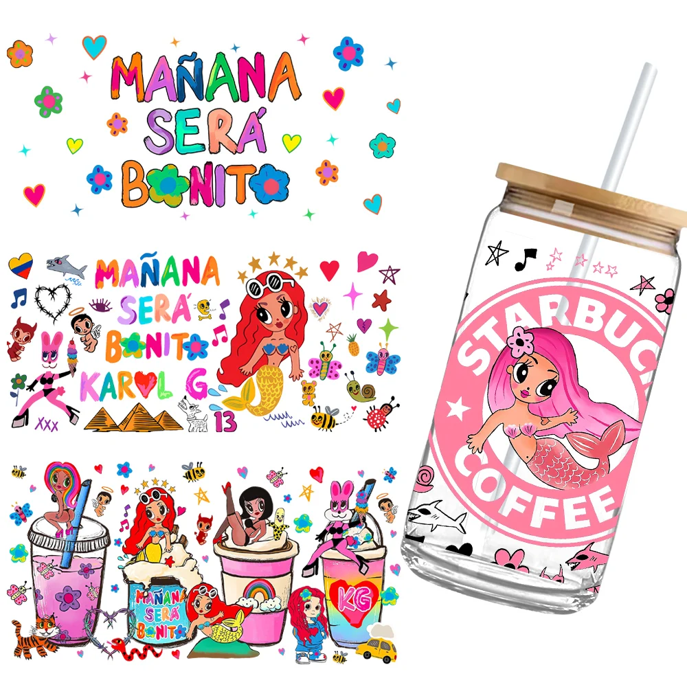 Glass Cup Film KAROL G Cartoon Mermaid Princess Graffiti 16oz DTF Printing Supplies Printable Self-adhesive Waterproof