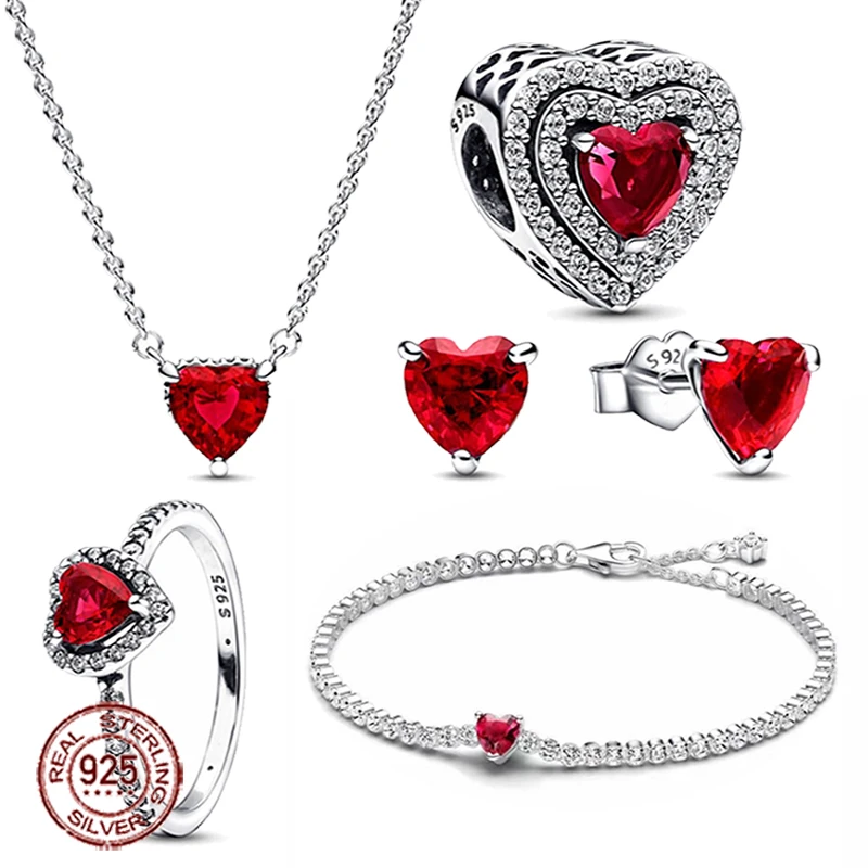 

2024 bestselling 925 Sterling Silver Shining Red Heart Series Set Exquisite Charm Jewelry Five Piece Set for friend