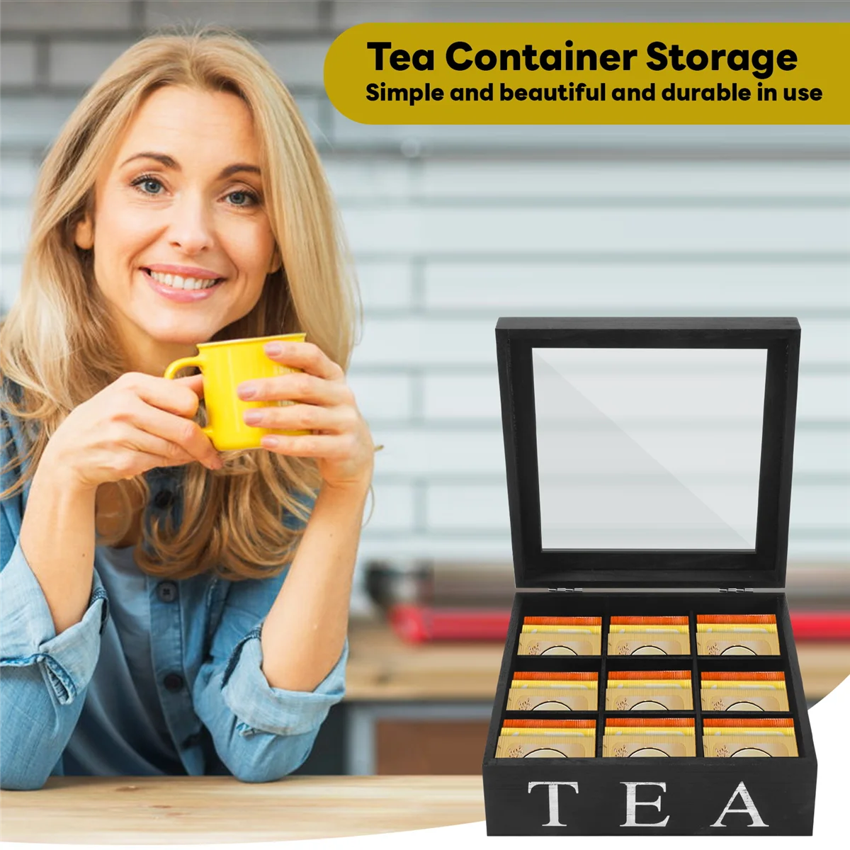 Tea Storage Box Wooden 9 Grids Transparent Top Lid