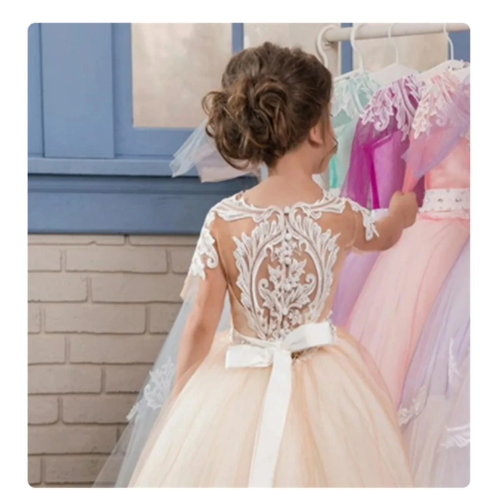 flower-girl-dress-white-lace-wedding-elegant-fluffy-tulle-flower-child's-princess-first-communion-birthday-party-celebration