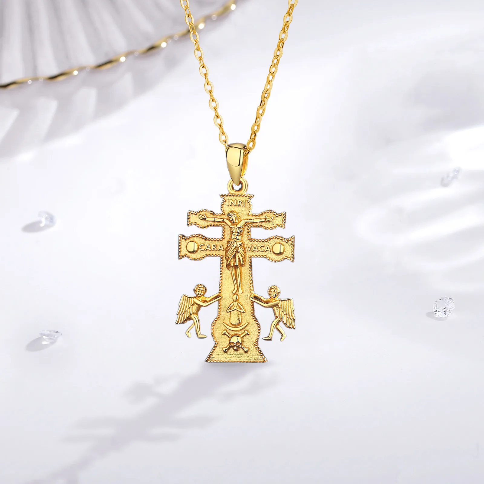 Eudora 925 Sterling Silver Catholic Caravaca Crucifix Orthodox Cross Necklace for Man 18K Gold Cherub Angel Pendant Christian