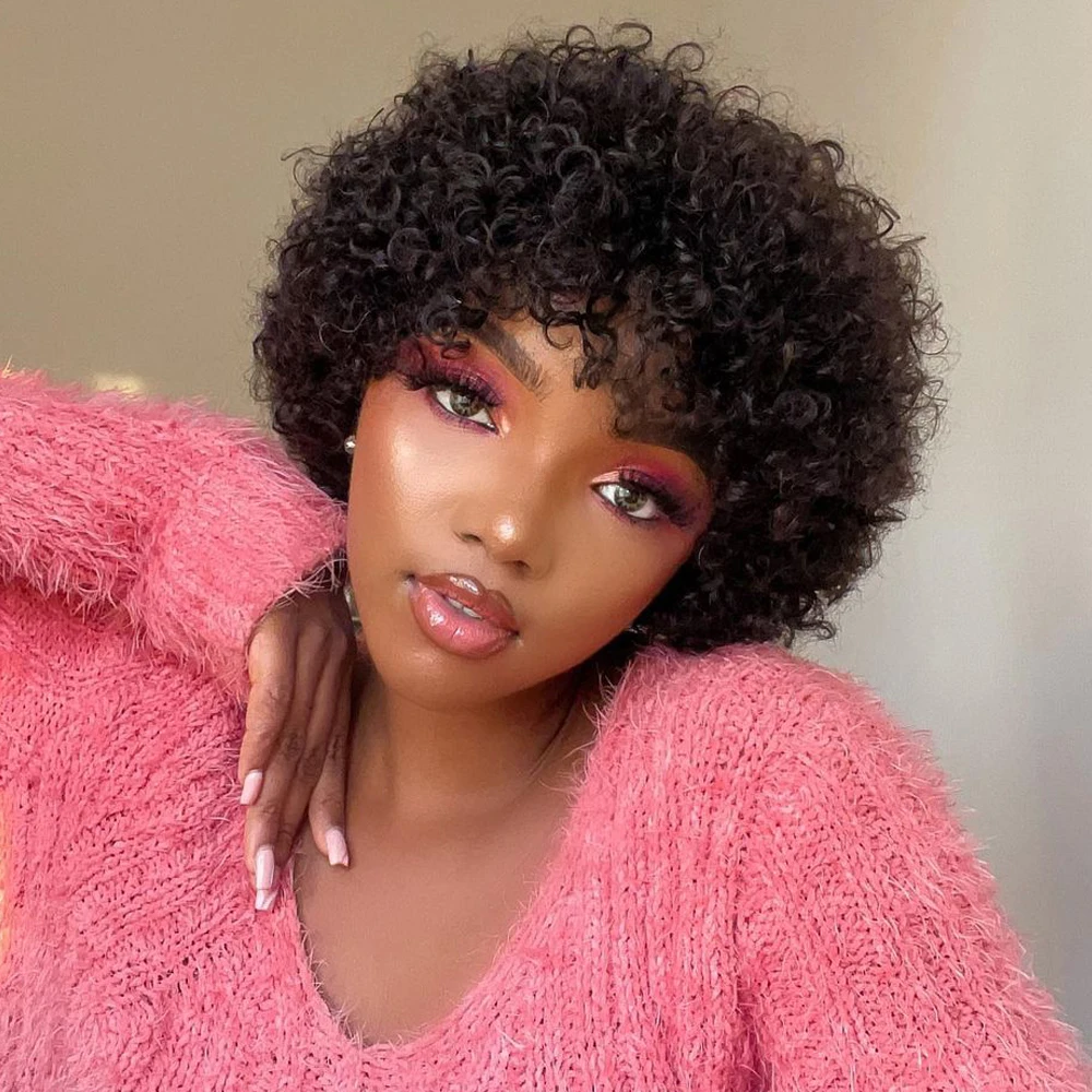 Pixie Short Afro Curly Bob Human Hair Wigs With Bangs For Women Brazilian Remy Hair Wear and Go Natural Brown Kinky Curly Wigs