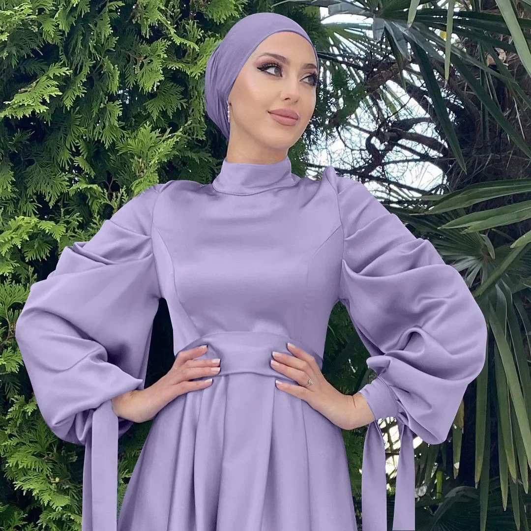 Muslim Women Islamic Satin Dress Hijab Arabic Pleated Abaya Dubai Elegant Balloon Sleeve with Ribbon Eid Mubarak Turkish Dresses
