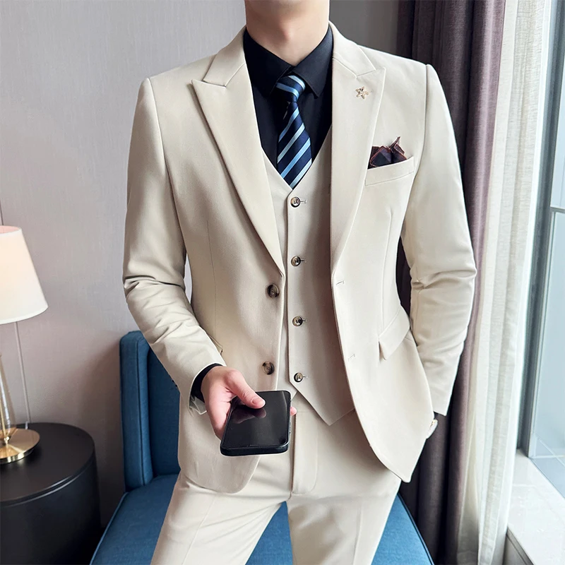 High quality fashion handsome (suit + vest + trousers) solid color casual trend business wedding three-piece set