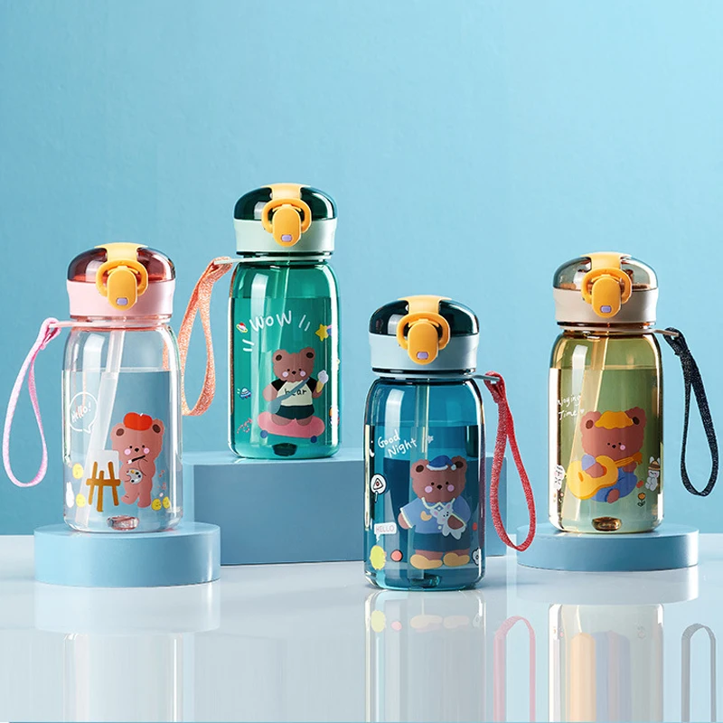Schnabeltasse für Kinder mit Cartoon-Motiv und Strohhalm, süße Bären-Motiv, auslaufsichere Wasserflaschen, tragbare Trinkflasche für den Außenbereich, schöne Tasse für Kinder_voghion.com