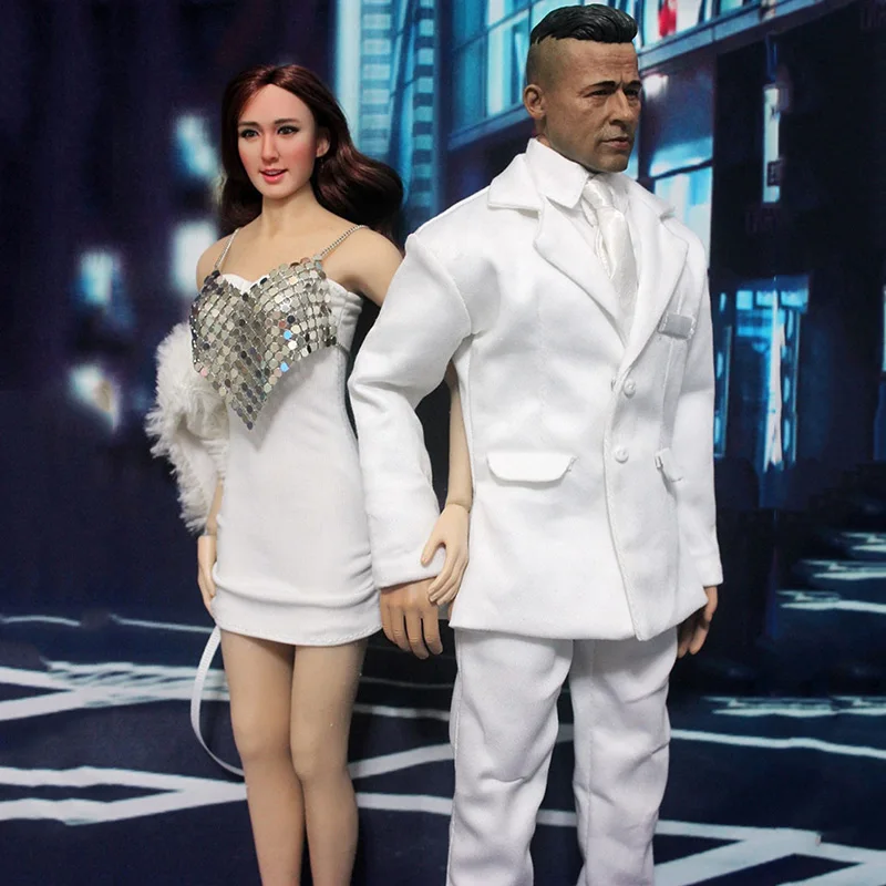 

DOLLSFIGURE 1/6 Scale Sparkle Strap Bra Tube Tight Mini Dress Gentleman White Formal Suit for 12 inches Action Figure