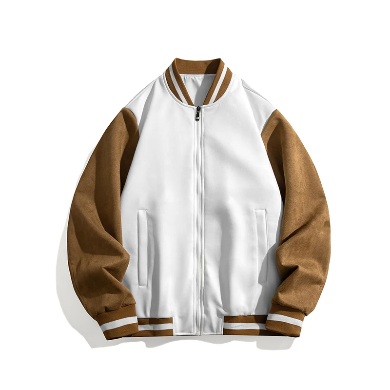 Men Faux Suede Bomber Jacket Spring Autumn Baseball Clothes Stand Collar Coat Hip Hop Street Style Couple Vintage Trendy Style