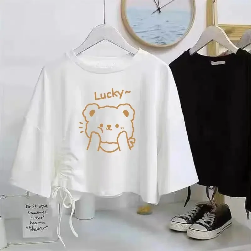 فضفاضة قصيرة الأكمام تي شيرت المرأة عالية الخصر زر...