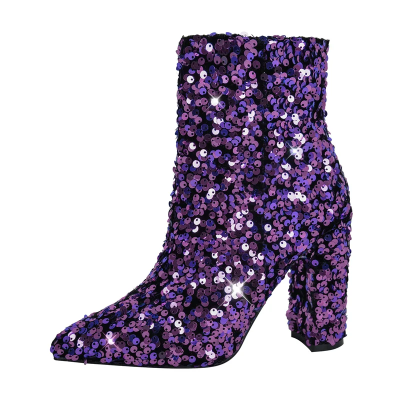 

Onlymaker Women Pointed Toe Sequined Cloth Ankle Boots Zipper Luxury Bling Party Dress Big Size Female Booties