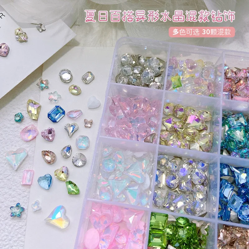 30PCS 반짝이 믹스 모양 얼음 반투명 화려한 크리스탈 샤프 다이아몬드 네일 아트 라인 석 쥬얼리 장식 매니큐어 보석