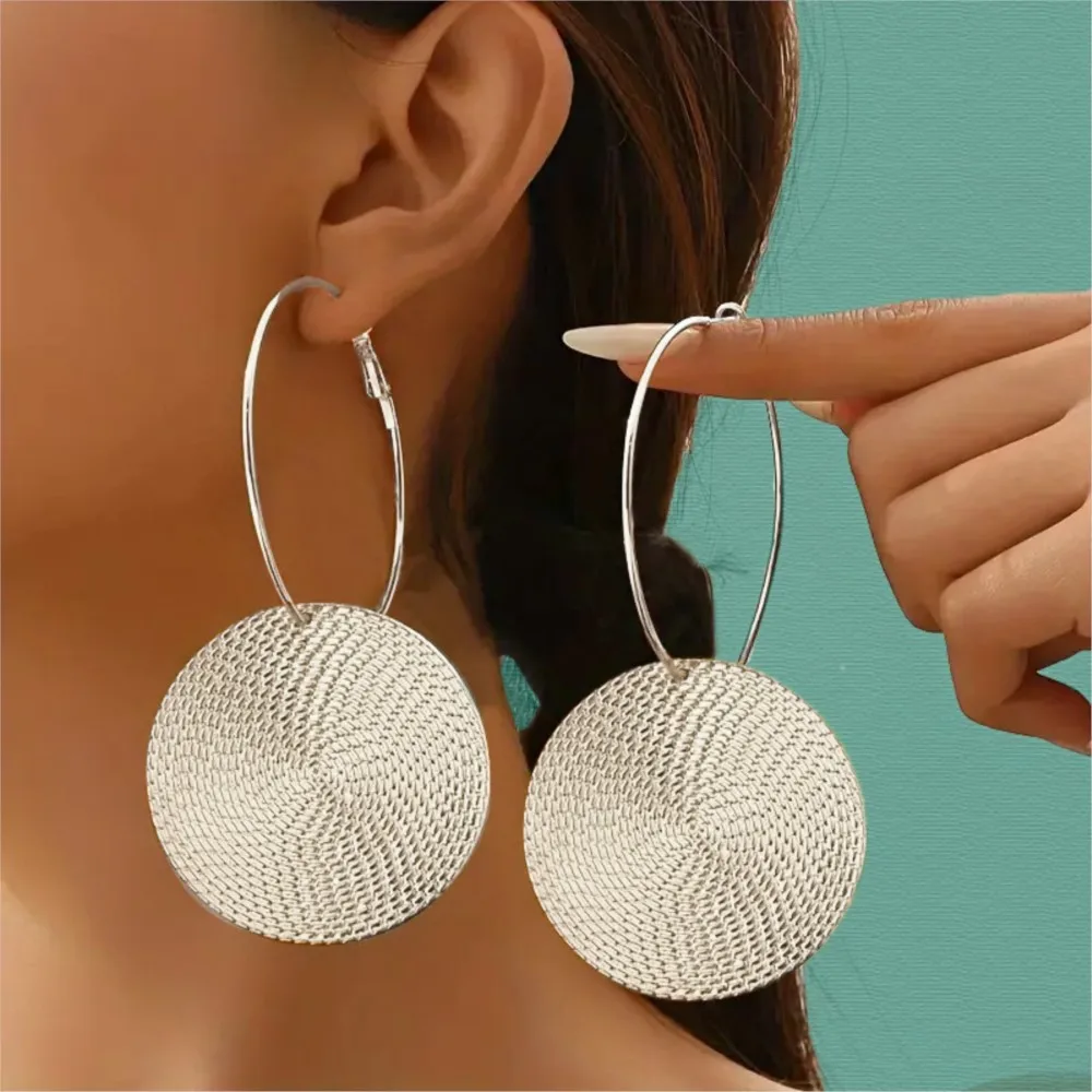 Golden Round Geometric Hoop Earring for Women Vintage Creative And Versatile Fingerprint Metal Earrings Party Jewelry Gifts