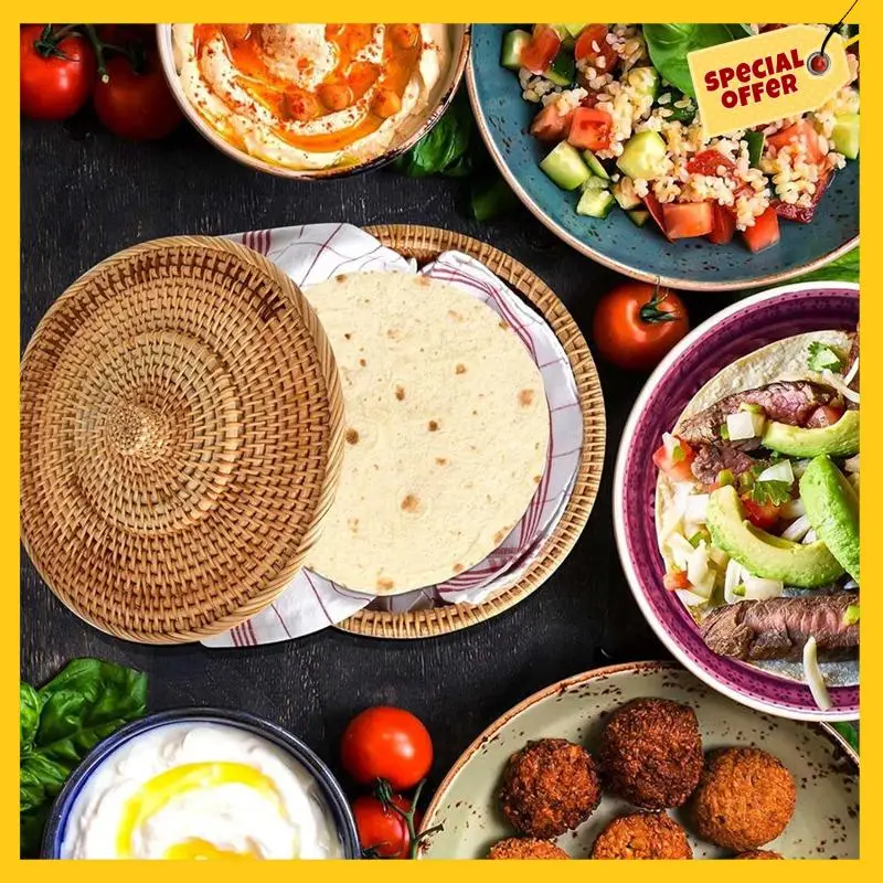 A96K-Round Rattan Boxes With Lid Hand-Woven Multi-Purpose Wicker Tray 10.2Inch Picnic Food Bread Table Storage Basket 3