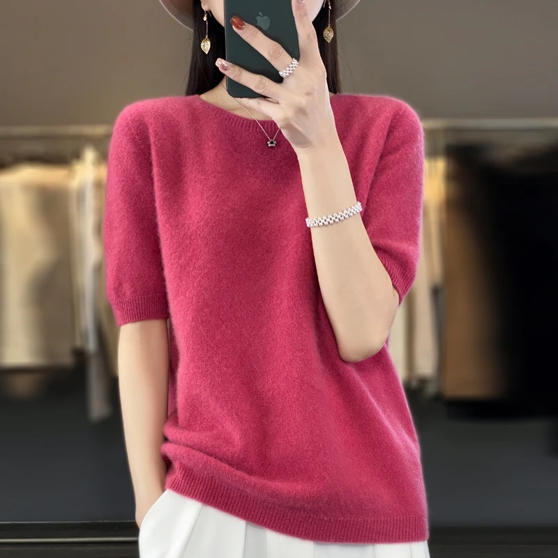 패션 반소매 캐시미어 여성용 스웨터 100% 순수 메리노 울 라운드 넥 풀오버 티셔츠