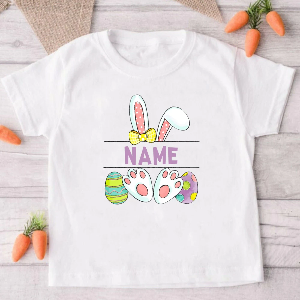 Personalised Bunny Kids Easter T-shirt Custom Name Child Shirts Tops Boys Girls Shirt Easter Party Outfits Toddler Holiday Tee 4