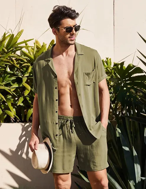 Summer Cotton Linen Shirt Set Men's Casual Outdoor 2-Piece Suit Andhome Clothes Pajamas Comfy Breathable Beach Short Sleeve Sets Army Green