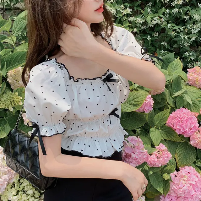 Summer Blouses Women Slim Crop Top Cute College Korean Style Puff Sleeve  Print Kawaii Chic Holiday Retro Fashion Ladies Ins New - Women Blouse -  AliExpress