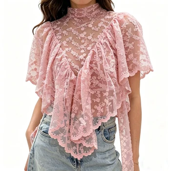 Women Summer Kawaii Grunge Lace Floral Embroidery T-Shirts Coquette Sexy Sheer Irregular Ruffles Flutter Sleeve Loose Shirts Top 1
