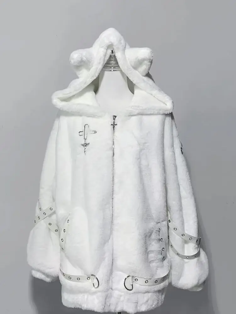 Harajuku Gothic Punk Dark Academia Clothes Fur Patchwork Hoodie Sweatshirts 2025 Autumn Winter New Cardigan Coat Women