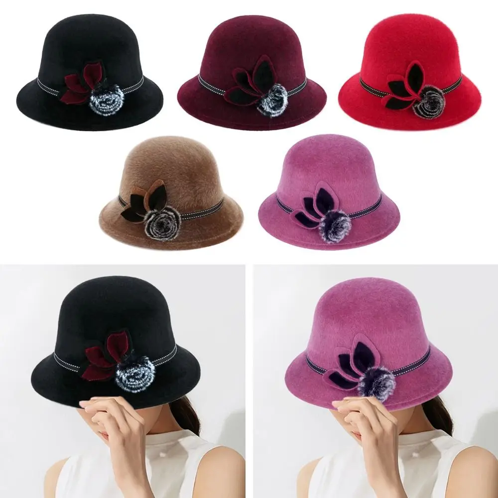 

Vintage Elegant Fedoras Cap With Flower Ladies Dome Hat Autumn Winter Wool Hats Casual Basin Hat Fashion Bowler Hat