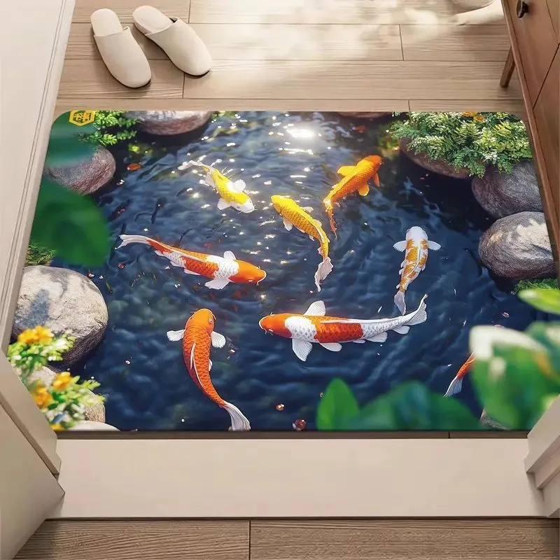 VIKAMA 3D 물고기 물놀이용 입구 바닥 매트, 물 흡수성 미끄럼 방지 도어..