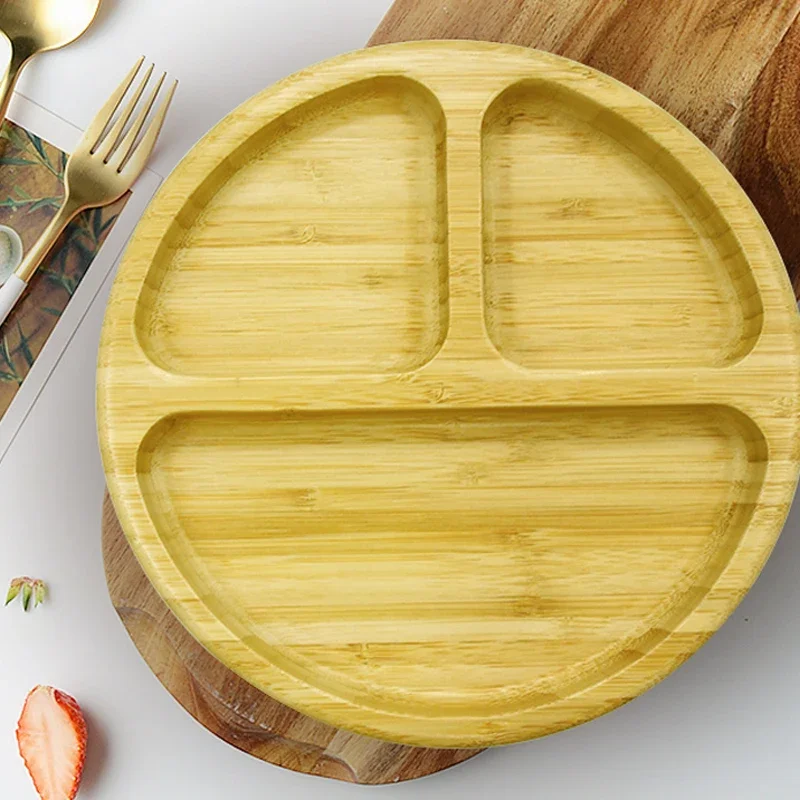 Bamboo baby plate environmental non-slip plate large three grid plate with silicone suction cup 5