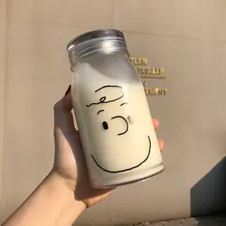 Charming Cartoon Bear Glass Water Bottle with Lid - 500ML Travel - Ready Aesthetic Design - 500ml (A)