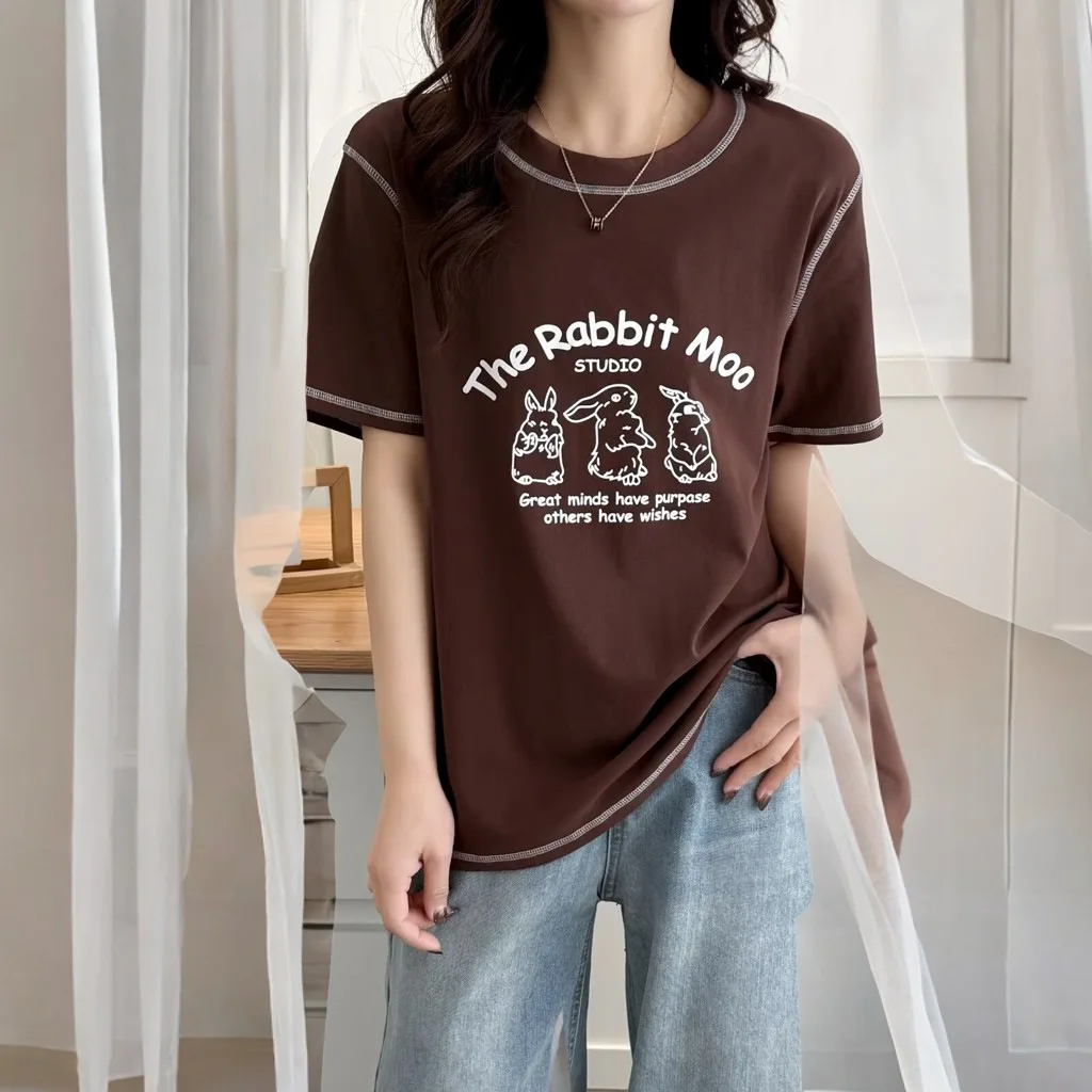 Summer New 100kg Plus Size Top Temperament Casual Bright Line Printed Cartoon Tees short-sleeved Women's T-shirt 2502