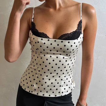 SUCHCUTE Chic Patchwork di pizzo a pois Camis Top Elegante senza maniche Canotte Estate Casual Abbigliamento quotidiano Streetwear Canotta 2026