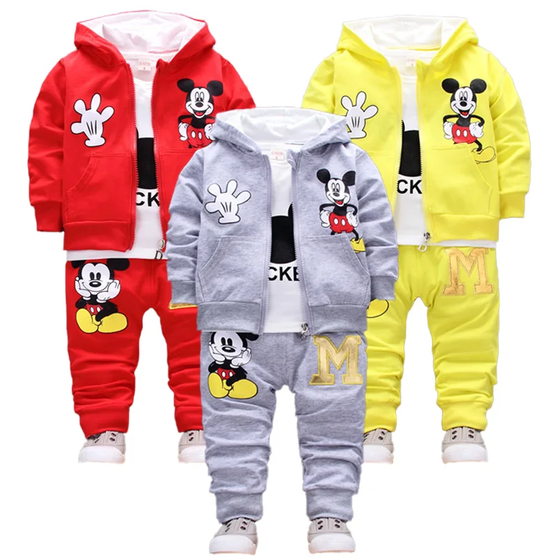 

0-4Year Children Clothes Set Spring Baby Boy 3Pce Cartoon Mickey Mouse Print Long Sleeves T-Shirt+Pants+Zip Hooded Jacket Suits