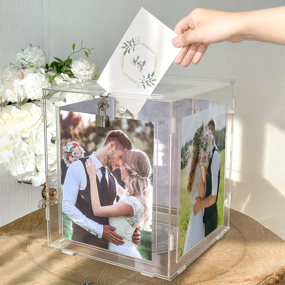 

Ourwarm Wedding Card Box Rotatable Acrylic Envelope Gift Card Boxes with Picture Frame Money Holder For Reception Anniversary