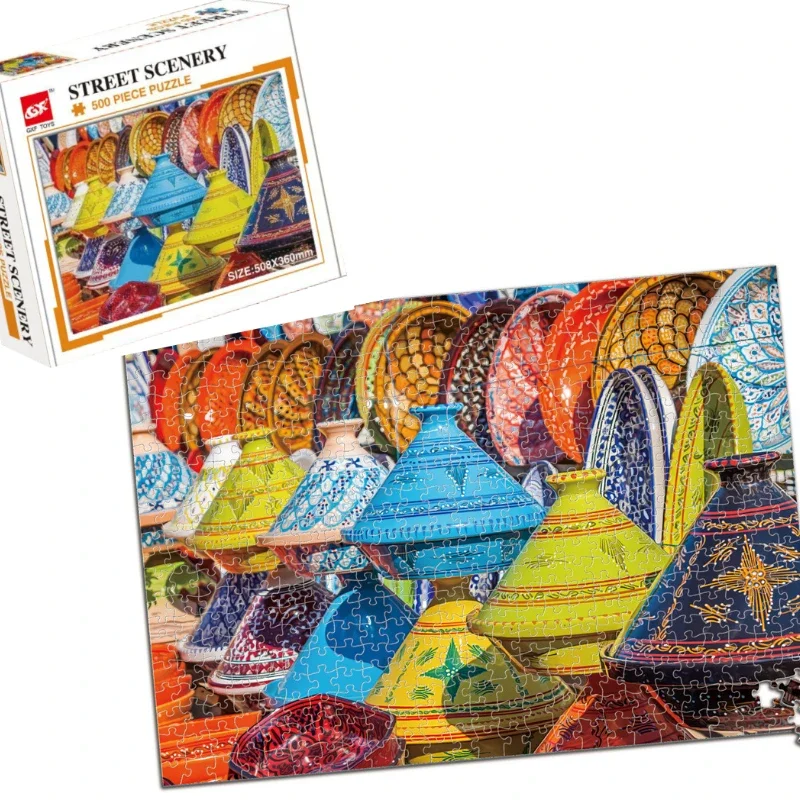 36*50.8cm Paper Jigsaw Puzzle 500pcs Morocco Street Scenery Landscape Painting Creative Adult Stress Relief Christmas Gifts 3
