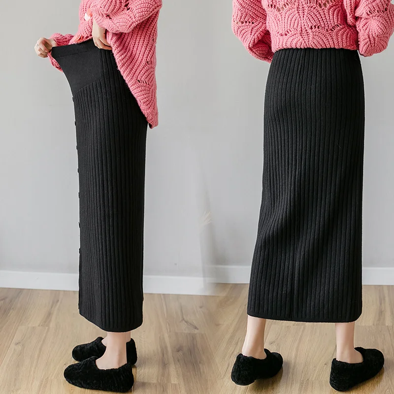 Korean Style Autumn and Winter Pregnant Women's Knitted Skirt Front Split Button Fly Maternity Straight Skirts Pregnanct Clothes