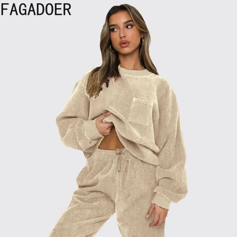 FAGADOER Winter Solid Pocket Tracksuits Women Long Sleeve Pullover And Jogger Pants Two Piece Sets Fashion Sporty 2pcs Outfits