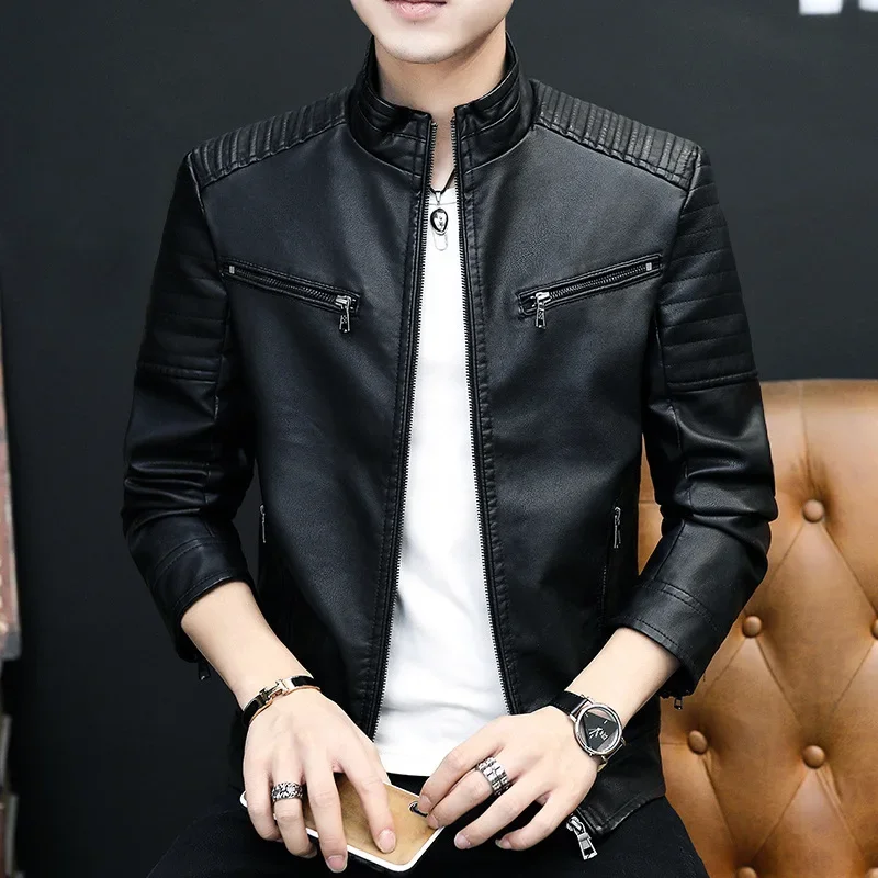 high quality leather jacket for men long sleeve big size soft stitch motorcycle jacket new 2023 autumn clothing black brown