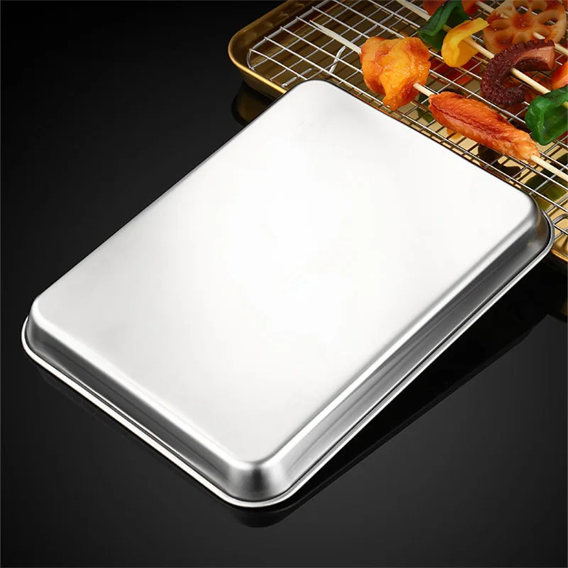 Stainless Steel Barbecue Tray with Cooling Rack Silver Golden Grid Bakeware Kitchen BBQ Baking Pan Fruit Food Plate Organizers 4