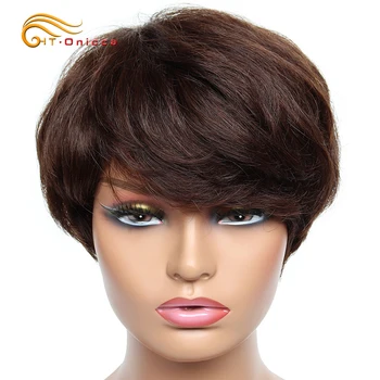 Parrucche economiche in capelli umani, taglio corto bob pixie, per donna, parrucca in capelli umani brasiliani colorati con frangia