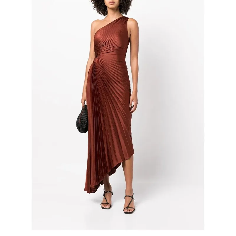 

With Label ALC** Summer/Autumn Women Dress Polyester Asymmetry One-Shoulder Brown Hole Ankle-Length Vintage High Waist