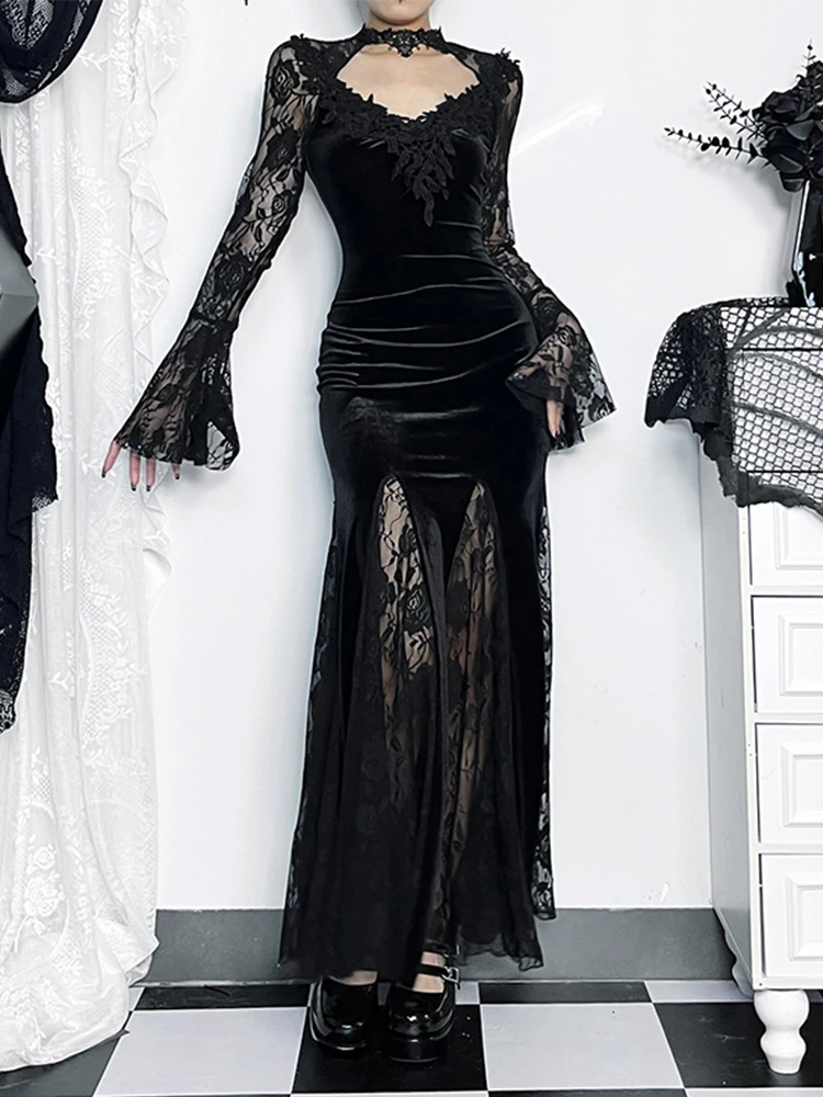 Dark Fairy Costume Ideas AltGoth Aesthetic Gothic Midi Dress Women Vintage Elagnt Lace Patchwork See Through Dark Fairy Costume Ideas AltGoth Aesthetic Gothic Midi Dress Women Vintage Elagnt Lace Patchwork See Through