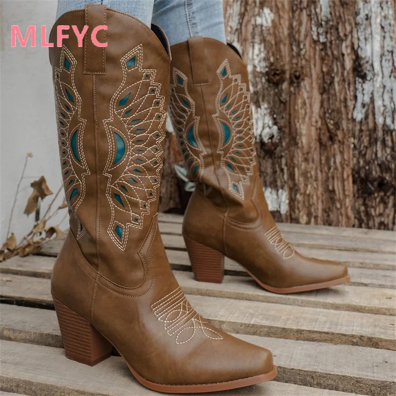 Western Cowboy Boots Embroidered Retro Long Boots Women's 2023 New Women's Thick Heel Mid Sleeve V-Neck Knight Boots