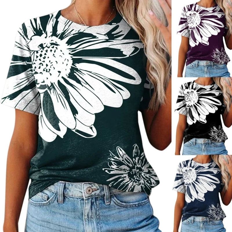 

Women's Floral Print Short Sleeve Round Neck T Shirt Casual Tops for Summer