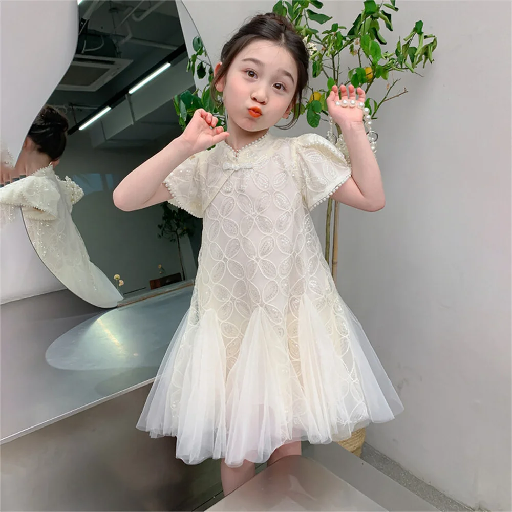 

Летнее платье для девочек, модное платье принцессы с пышными рукавами, Жемчужное кружевное Сетчатое платье с юбкой годе, 2408