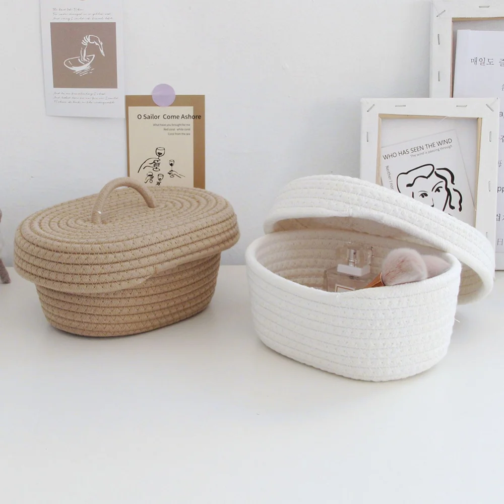 Oval Cotton Rope Woven Storage Baskets With Lid Kids Toys Desktop Organizer Sundries Storage Box Container Laundry Baskets