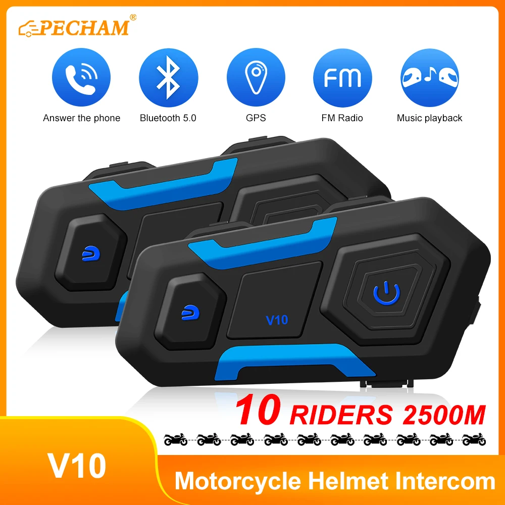 V10 Motorcycle Helmet Wireless Bluetooth Headset 5.0BT 10 Riders Motorcycle Intercom Speaker 600mAh Battery FM Music Sharing
