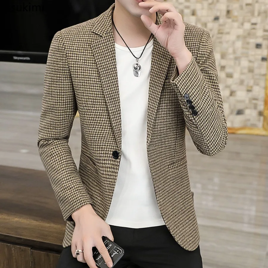 New Plaid Slim Blazer Coats Men's Fashion Business Casual Small Suit Classic Korean Single-button Formal Suit Jackets Male
