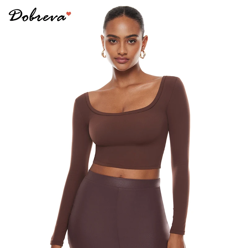 

Women's Square Neck Crop Tops Long Sleeve Sexy Slim Fitted Basic Double Lined stretchy T Shirts Tops