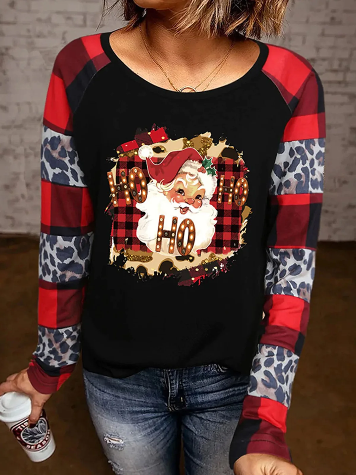

Ho Ho Ho Santa Claus Leopard Plaid T-Shirt 2023 New Women Streetwear Comfy Autumn Long Sleeve Crew Neck Print Loose Fashion Tops